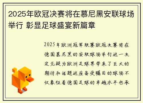2025年欧冠决赛将在慕尼黑安联球场举行 彰显足球盛宴新篇章